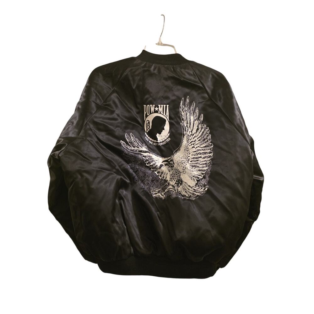 Vintage POW Black/White Satin Jacket Size L West Ark USA Made Eagle Military